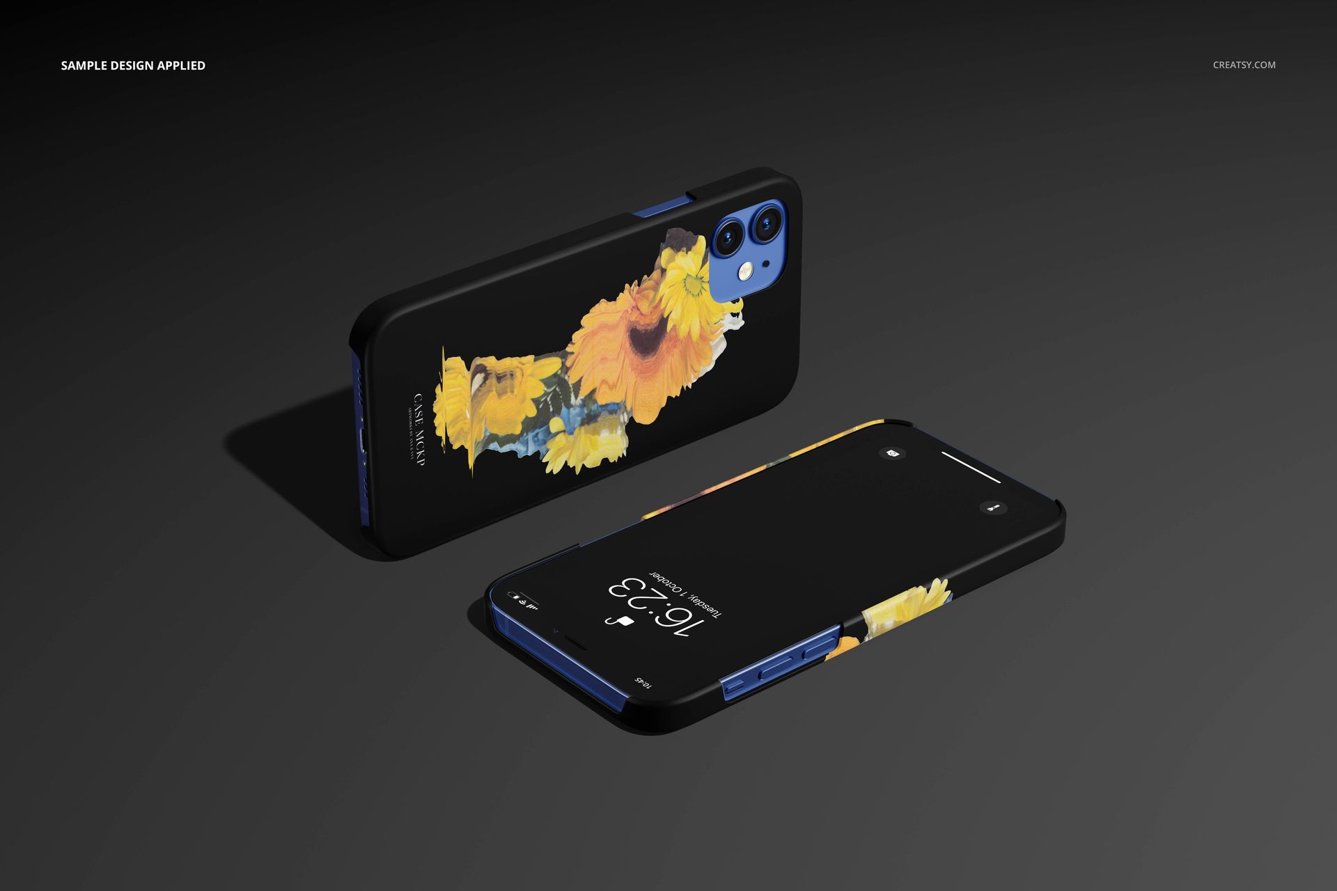 Two iPhone 12 matte snap cases with a yellow floral design, shown on a dark surface in a realistic mockup scene.