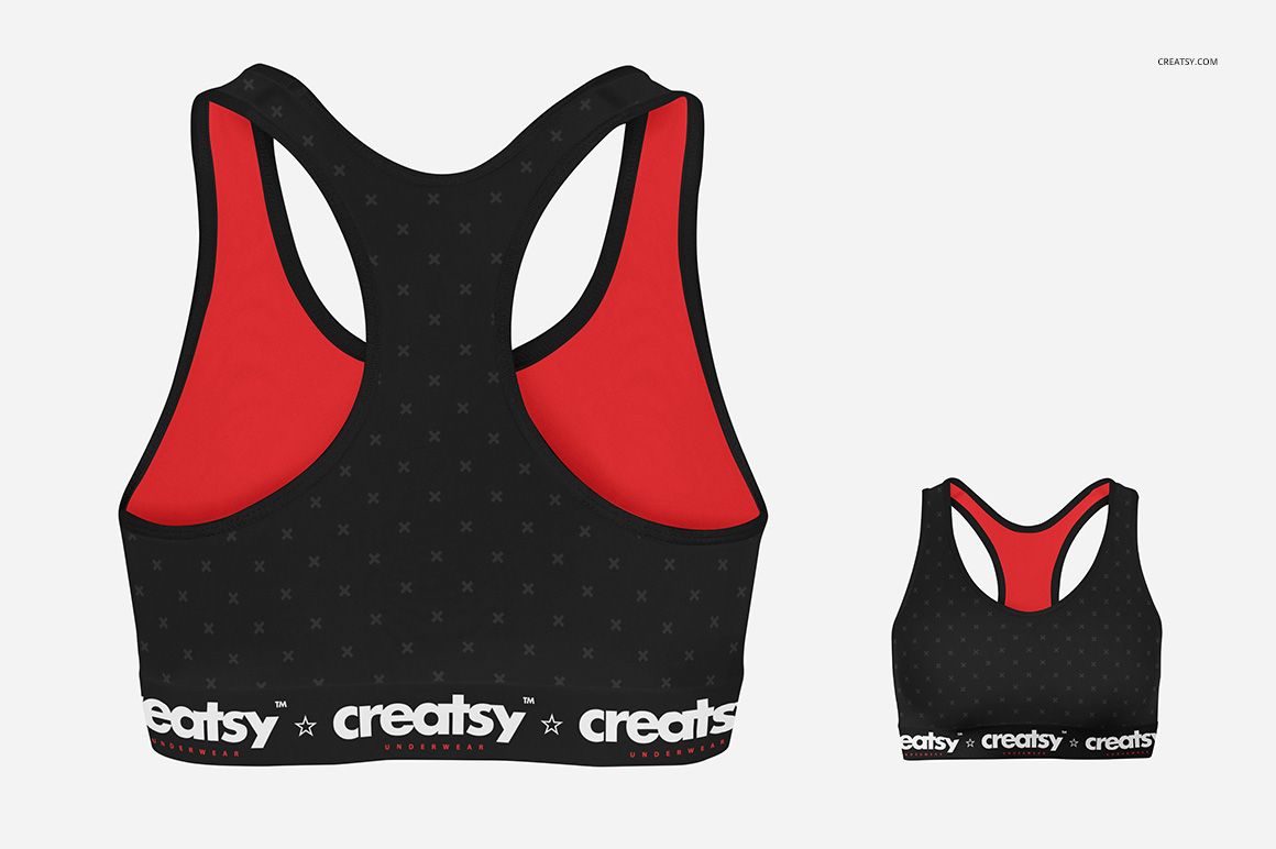 PSD mockup showing the back of a black sports bra with red interior and white logo band, displayed on a neutral backdrop.