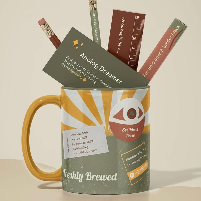 Mug mockup with a retro sunburst design, filled with office supplies like bookmarks, a ruler, and pens against a neutral background.