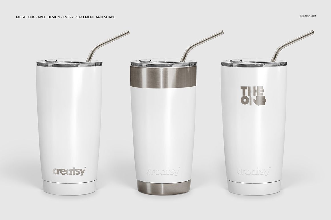 Three powder coated tumblers with metal lids and straws displayed side by side on a white background, front view.