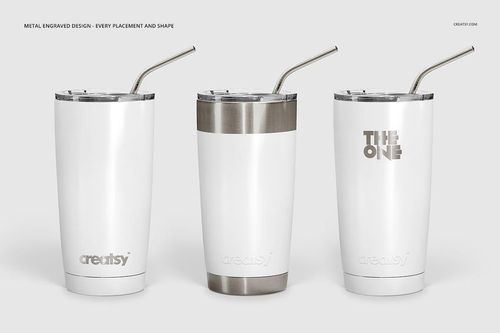 Three powder coated tumblers with metal lids and straws displayed side by side on a white background, front view.