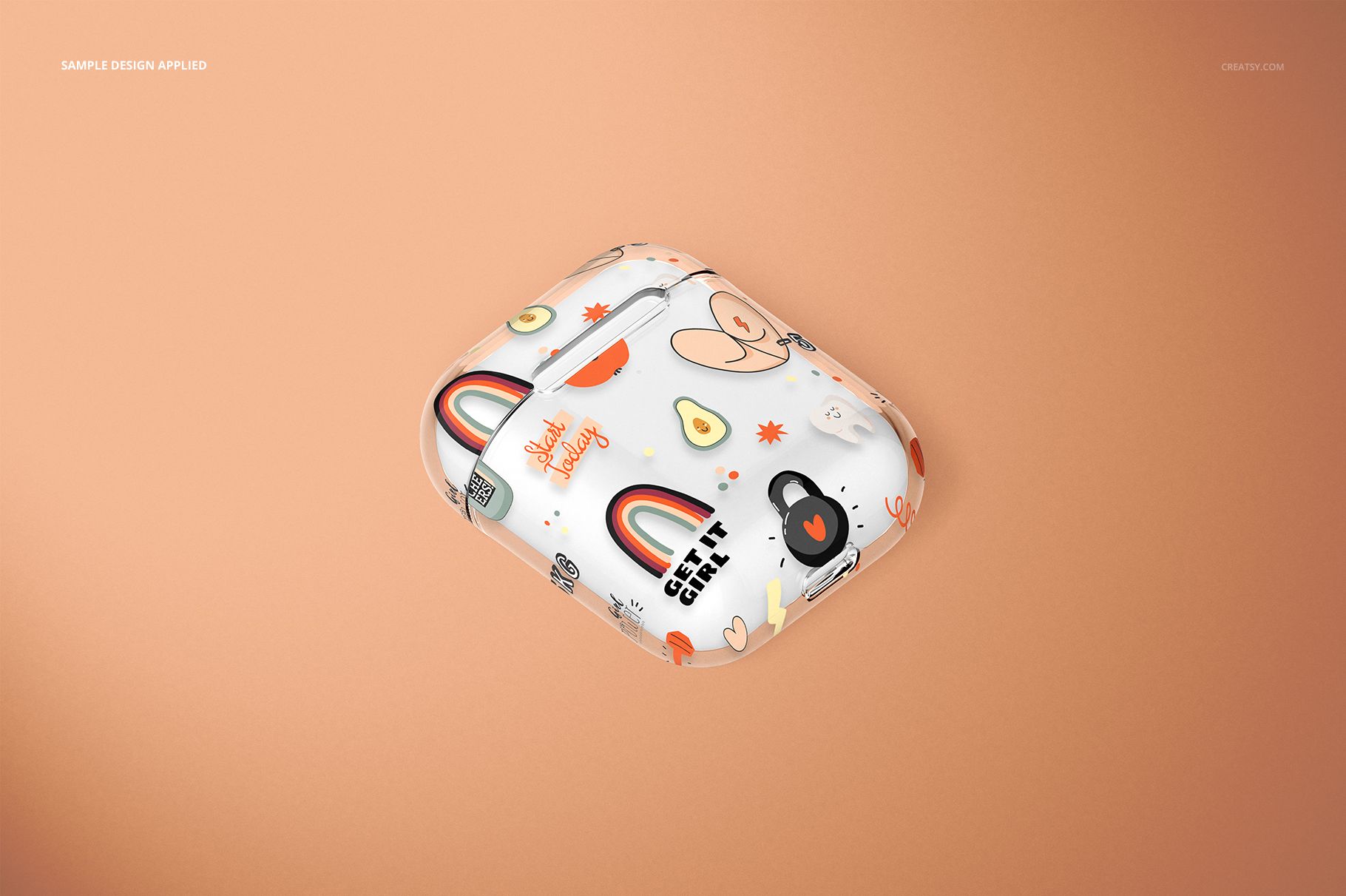 PSD mockup of an AirPods clear case decorated with multicolored cartoon-style graphics, displayed against a peach backdrop.