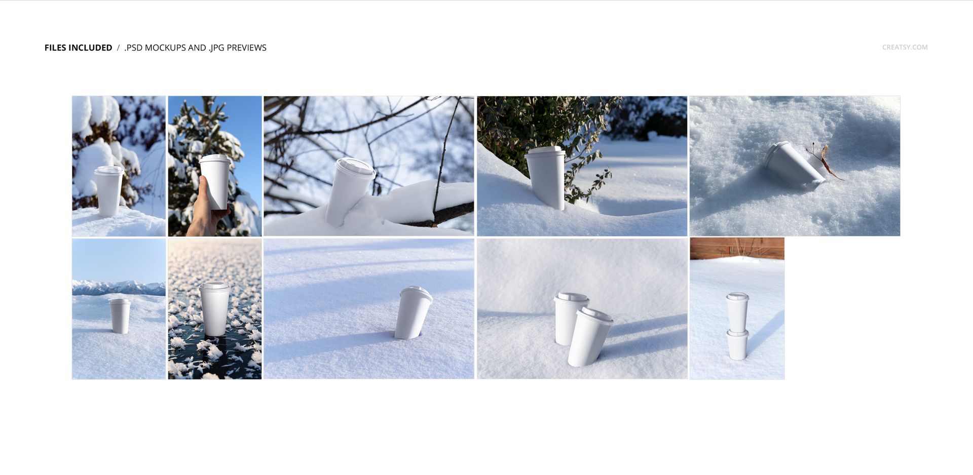 PSD mockup of paper cups with lids and straws positioned on snow, including individual and grouped arrangements in winter settings.