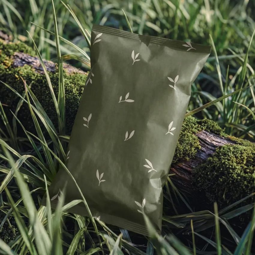 Paper chips bag mockup with a green leafy pattern resting on a mossy log, surrounded by tall grass in natural sunlight.