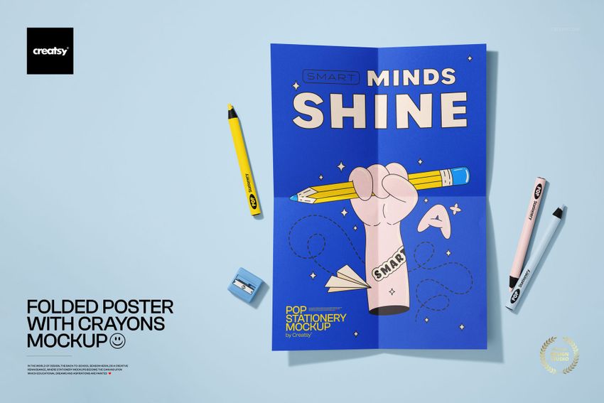Folded Poster and Crayons Mockup - mockup screenshot 1