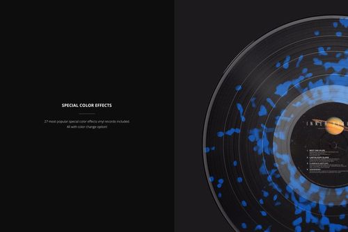 Top view of a translucent colored vinyl record mockup with blue splatter pattern and visible grooves.