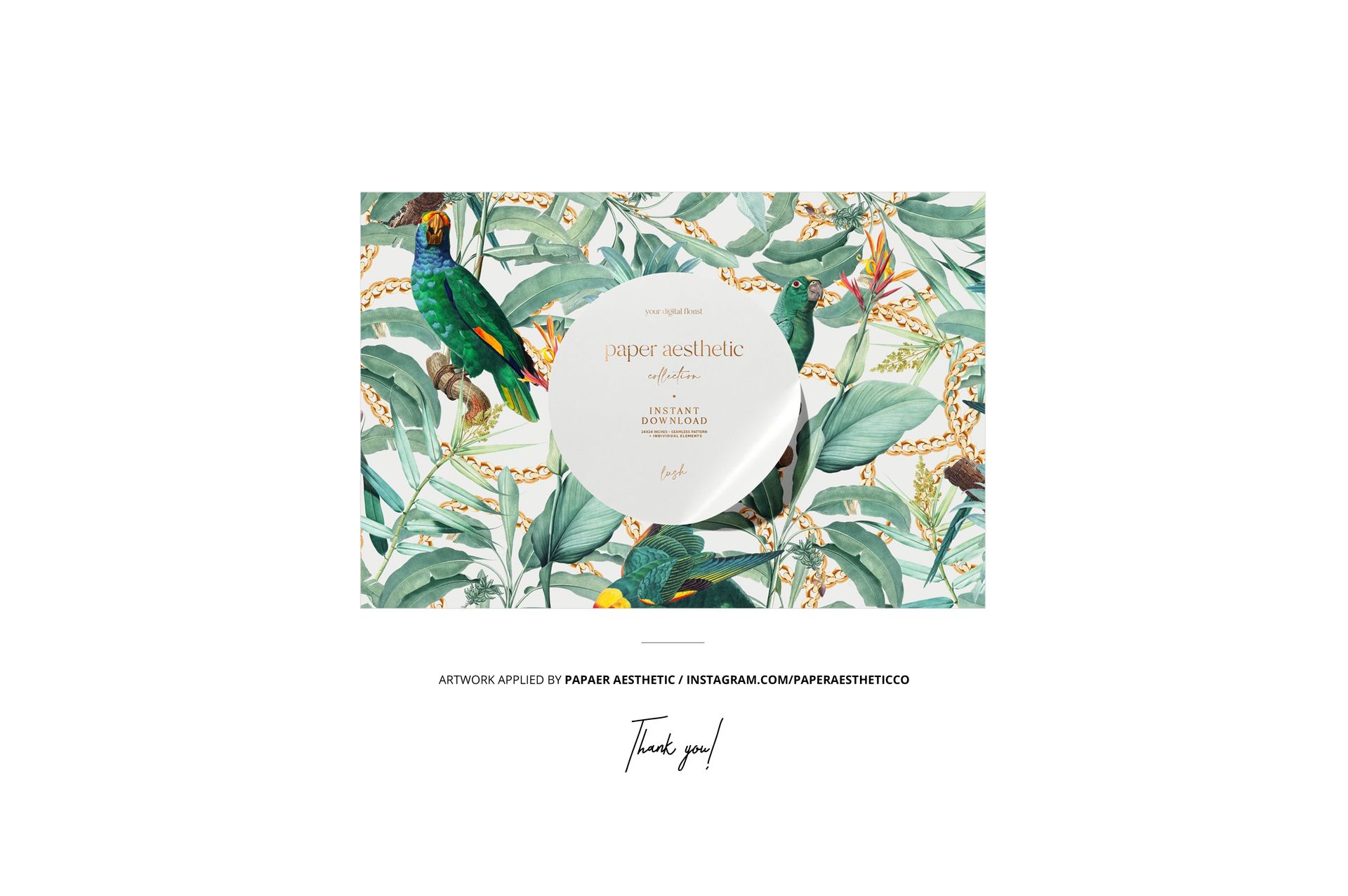 Floating square silk scarf mockup featuring a botanical pattern with green leaves and colorful birds, front view.
