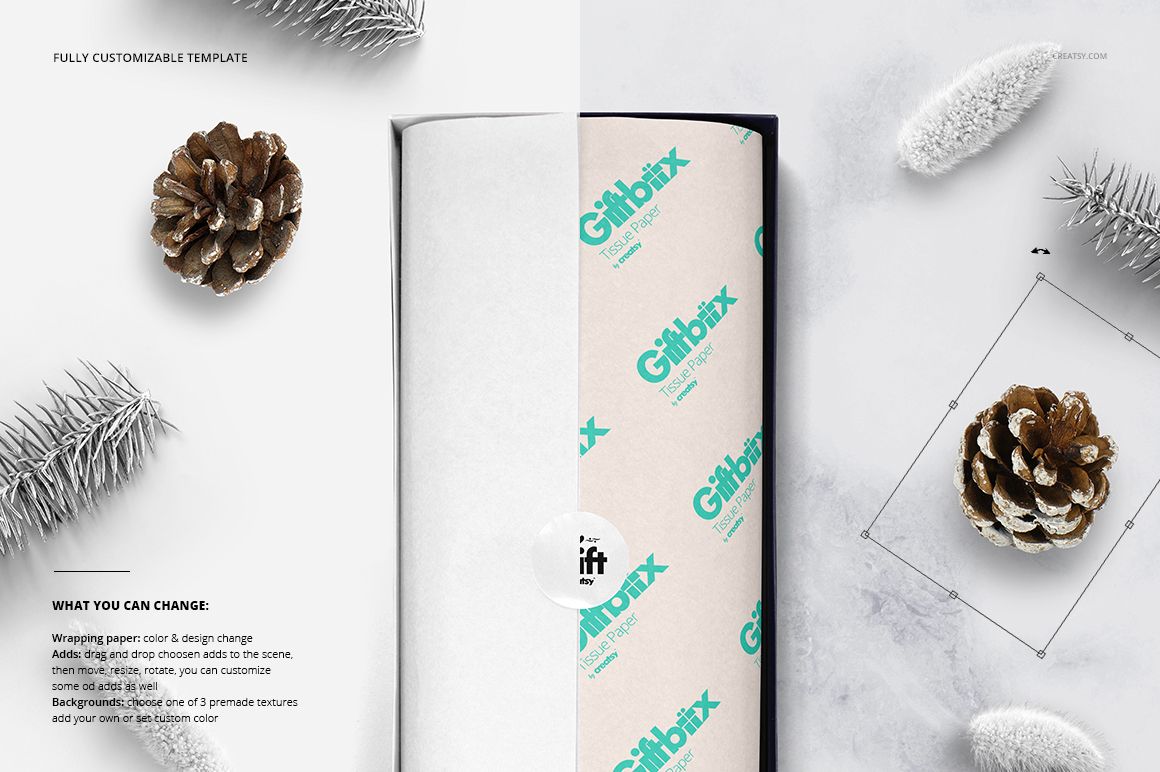 Gift box with wrapping tissue paper mockup shown from a top view, surrounded by pine cones and frosted branches.