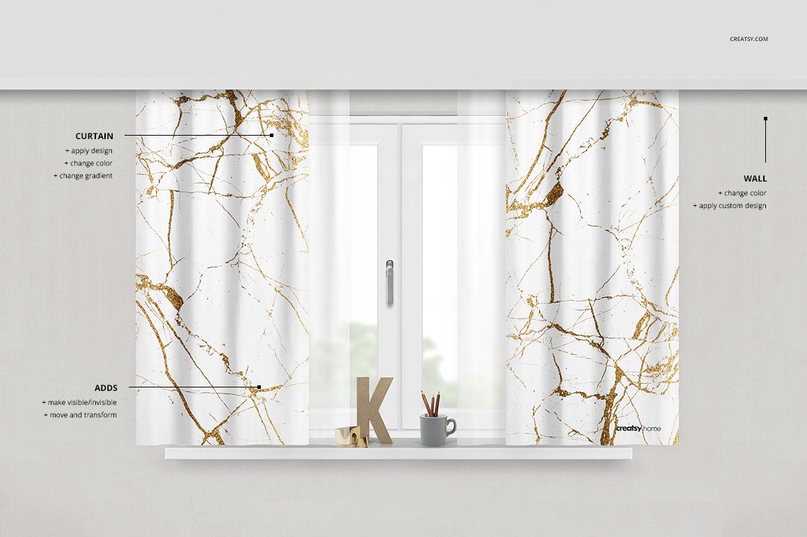 Short curtain mockup with white fabric featuring a gold marble pattern, shown in a front view over a window.