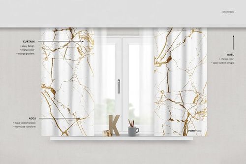 Short curtain mockup with white fabric featuring a gold marble pattern, shown in a front view over a window.