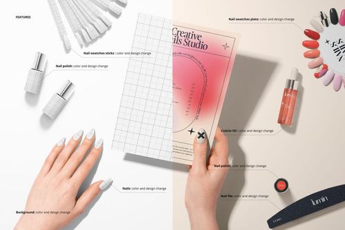 Nails mockup set featuring hands with manicured nails, nail polish bottles, swatch sticks, and design tools on a split background.