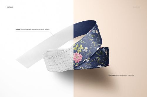 Ribbon mockup showing a split design with a plain grid pattern on the left and floral pattern on the right, front view.