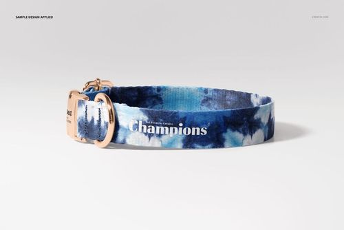 Dog collar mockup featuring a blue and white abstract design, gold hardware, and a clean white backdrop.