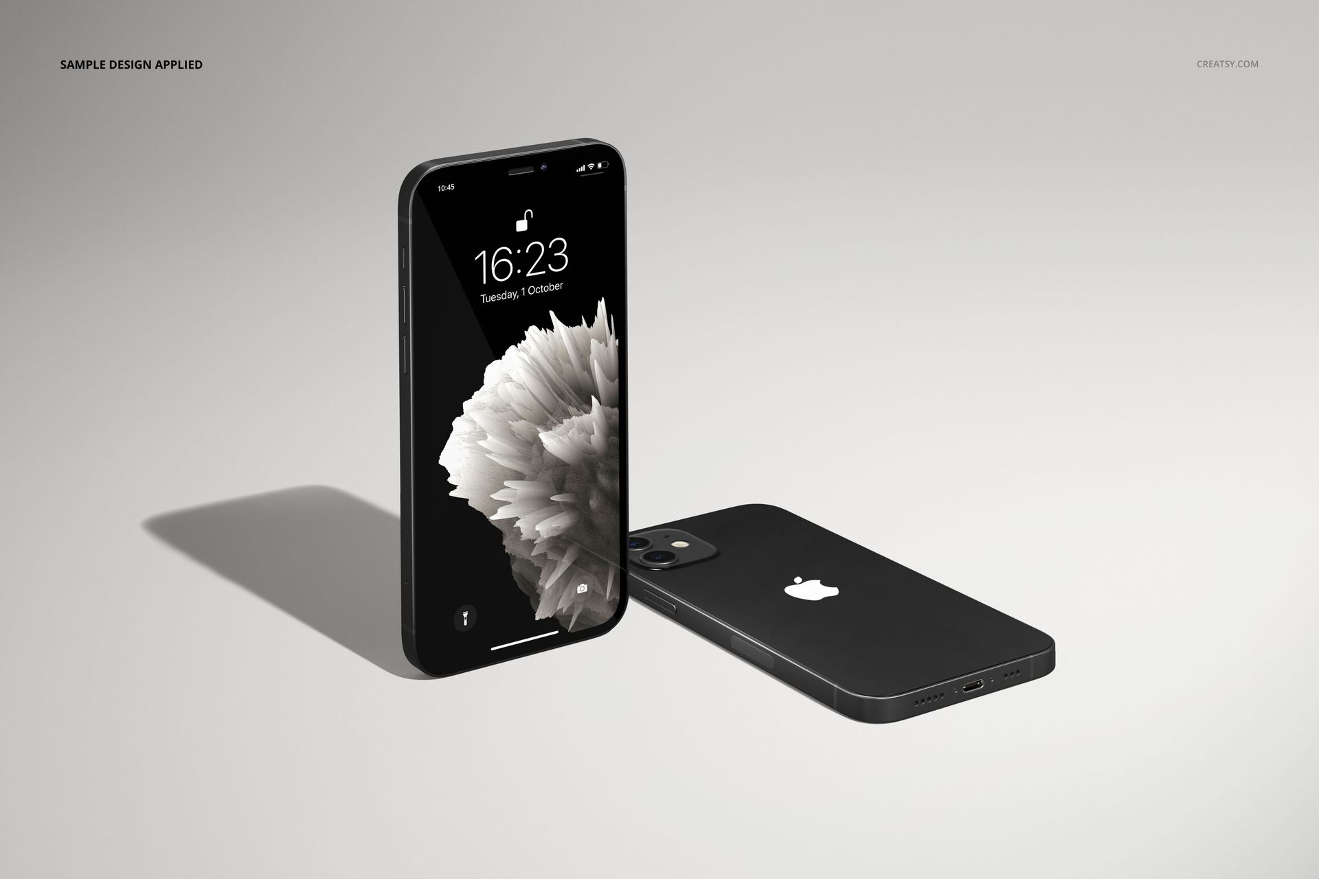 iPhone 12 mockup set showing two smartphones in black, with one upright and one flat against a neutral background.
