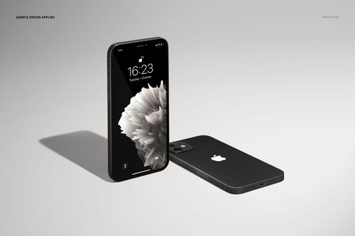 iPhone 12 mockup set showing two smartphones in black, with one upright and one flat against a neutral background.