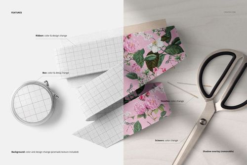 Top view of sewing kit mockup with cotton ribbon, embroidery hoop, floral patterned fabric, and metal scissors.