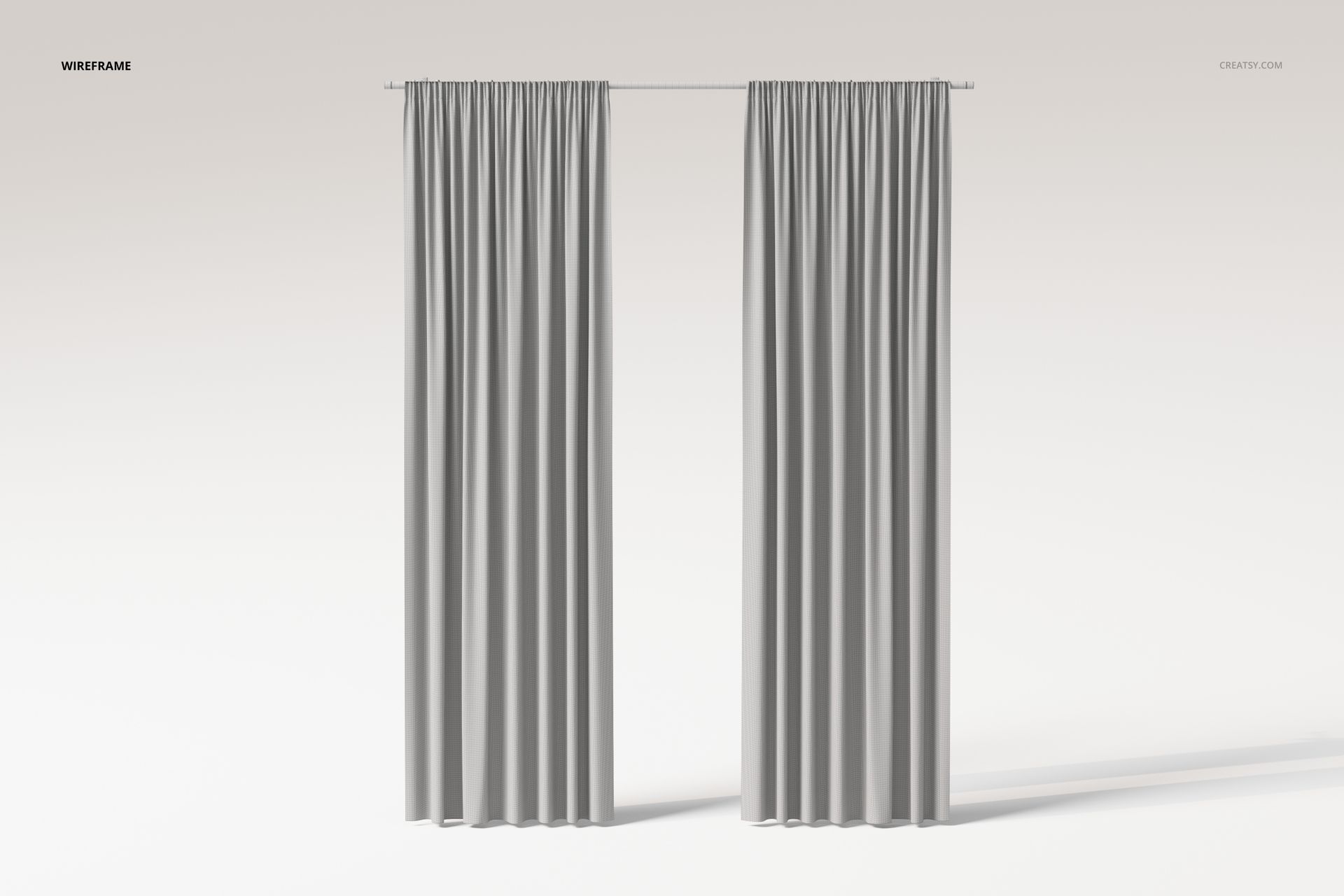 Front view of two pencil pleat curtains in light gray fabric, hanging side by side against a plain background.