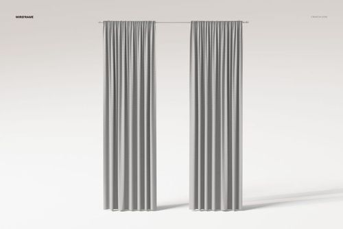 Front view of two pencil pleat curtains in light gray fabric, hanging side by side against a plain background.