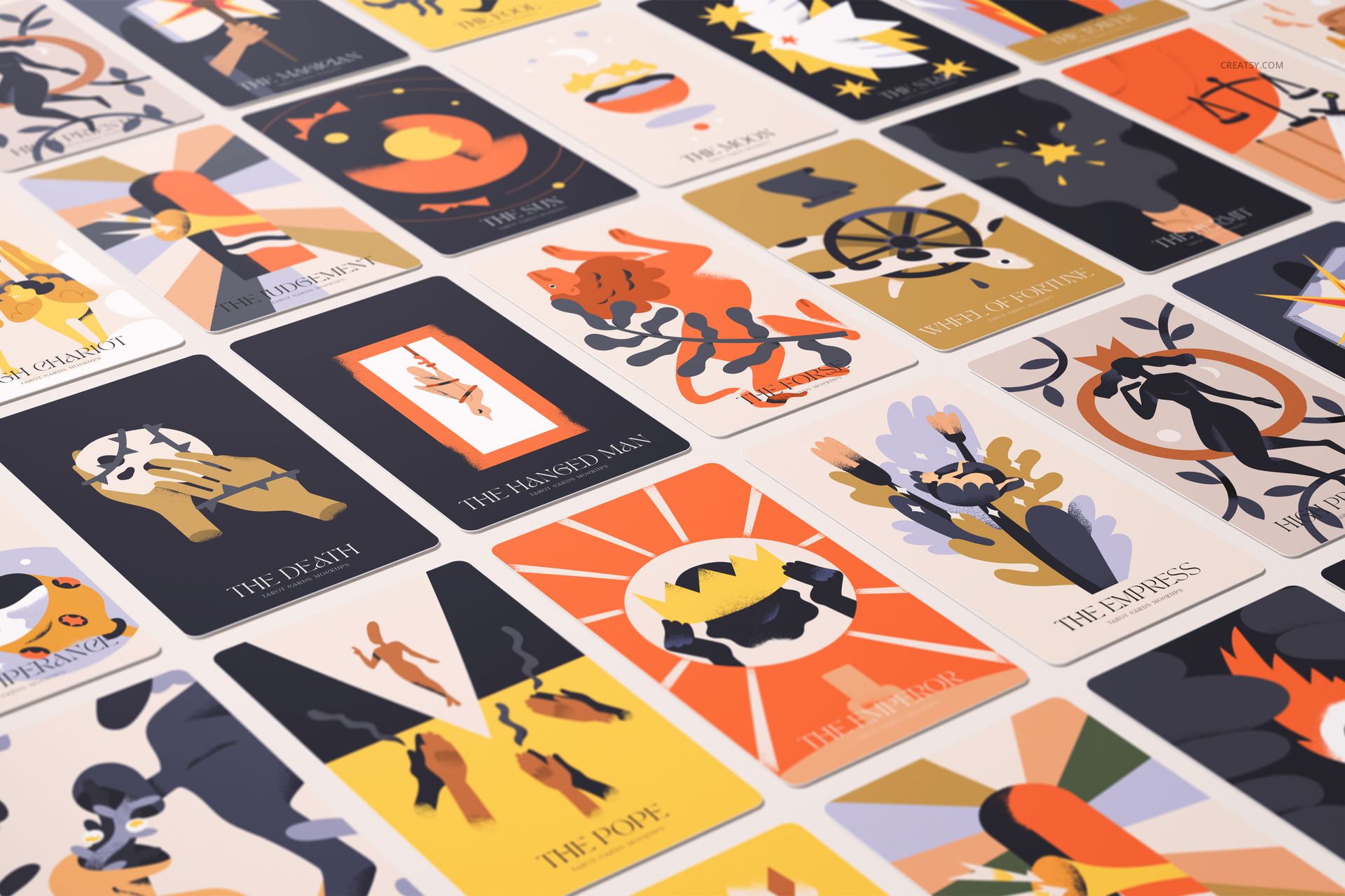 Front view of a tarot cards PSD mockup bundle showing various card designs with stylized artwork and text labels.