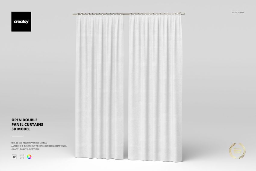Front view of open double panel curtains in plain white fabric, hanging from a metal rod against a light background.