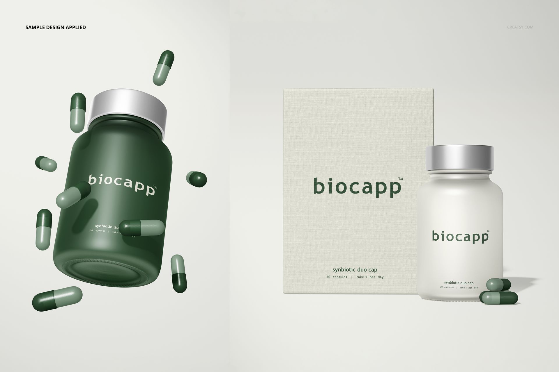 Cosmetics packaging mockup featuring a green bottle, matching capsules, and a minimalist box design on a clean surface.