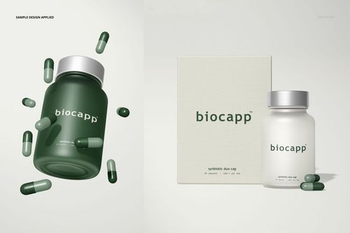 Cosmetics packaging mockup featuring a green bottle, matching capsules, and a minimalist box design on a clean surface.
