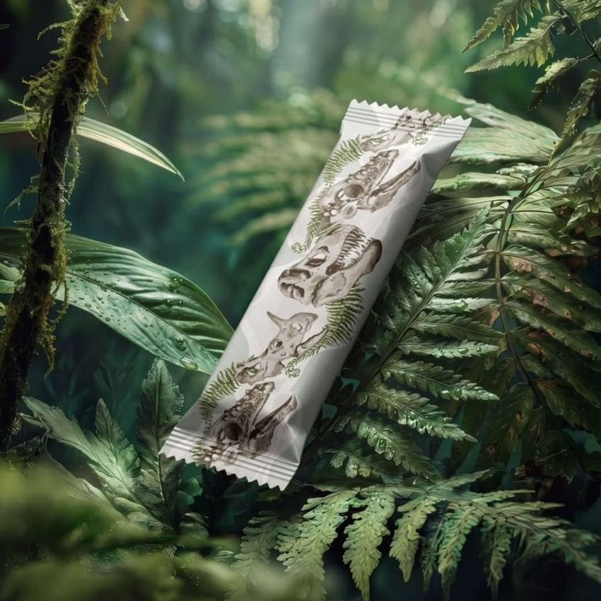 Candy bar mockup featuring a white wrapper with jungle animal illustrations, placed on lush green tropical fern leaves.