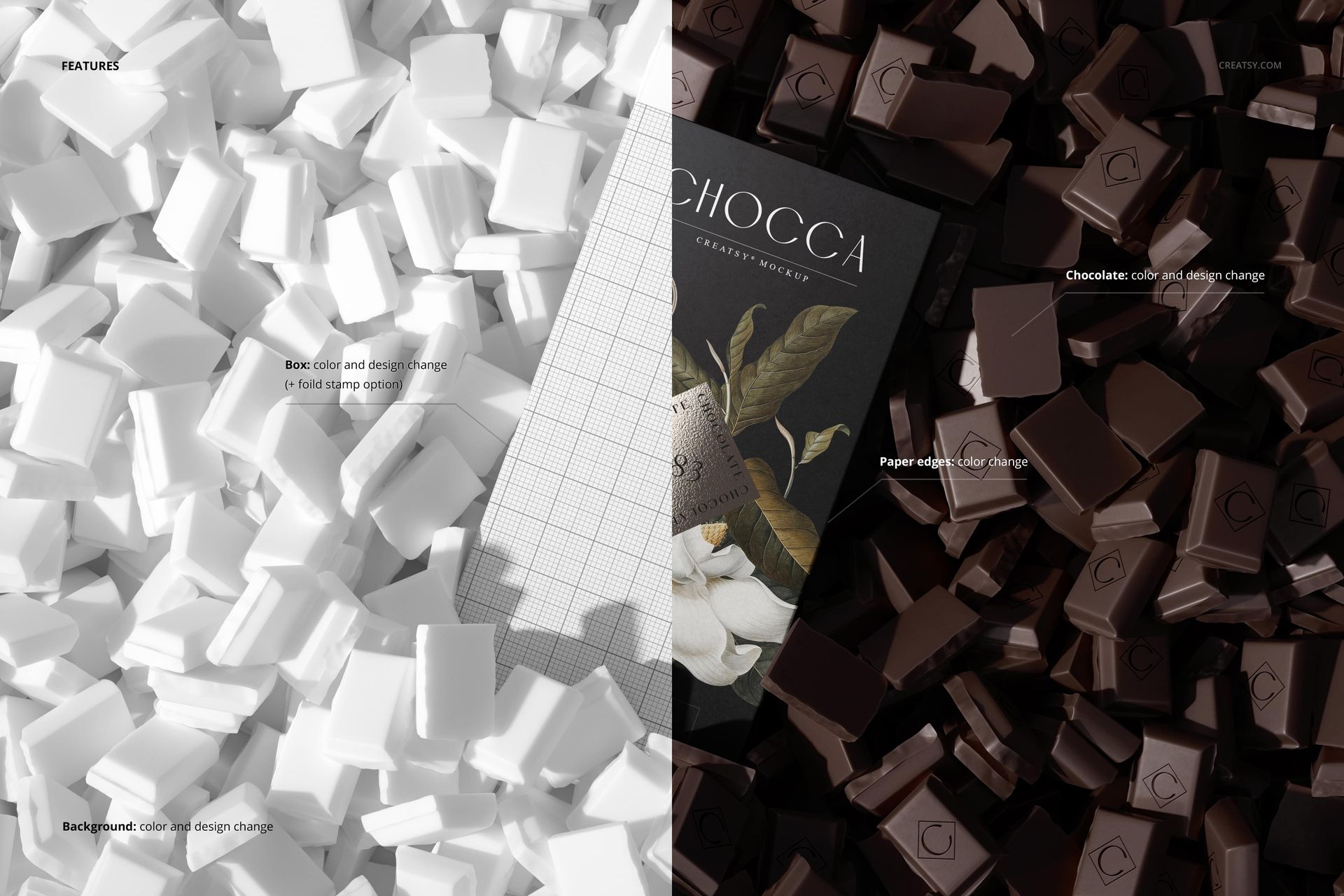 Top view of chocolate bar packaging mockup surrounded by numerous chocolate cubes, split into white and dark chocolate sections.