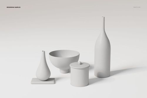 Set of modern ceramic vases and containers in matte white, displayed on a neutral surface with soft lighting.