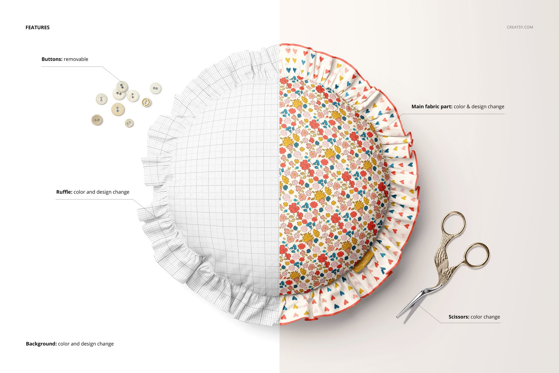 Ruffled pillow mockup displayed from top view, half in grid pattern and half in multicolor floral print, with scissors nearby.