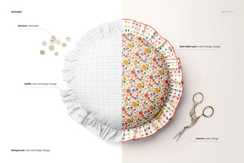 Ruffled pillow mockup displayed from top view, half in grid pattern and half in multicolor floral print, with scissors nearby.