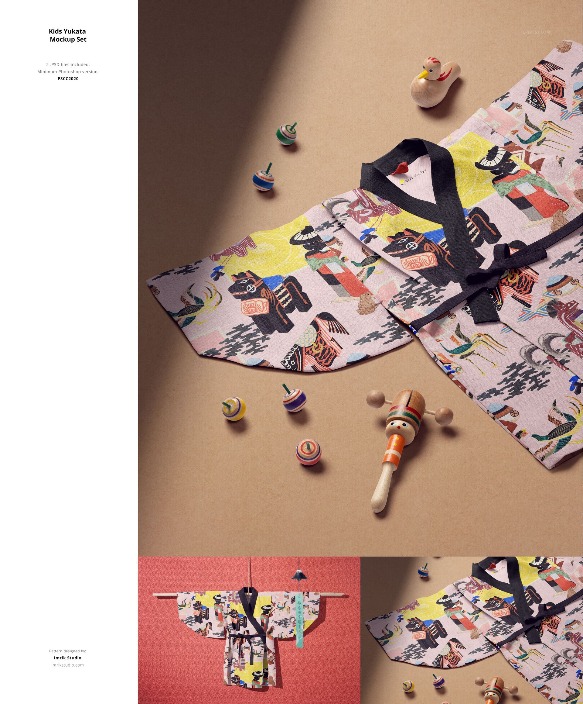 PSD mockup showing a patterned children's yukata, surrounded by playful wooden toys and spinning tops on a beige background.