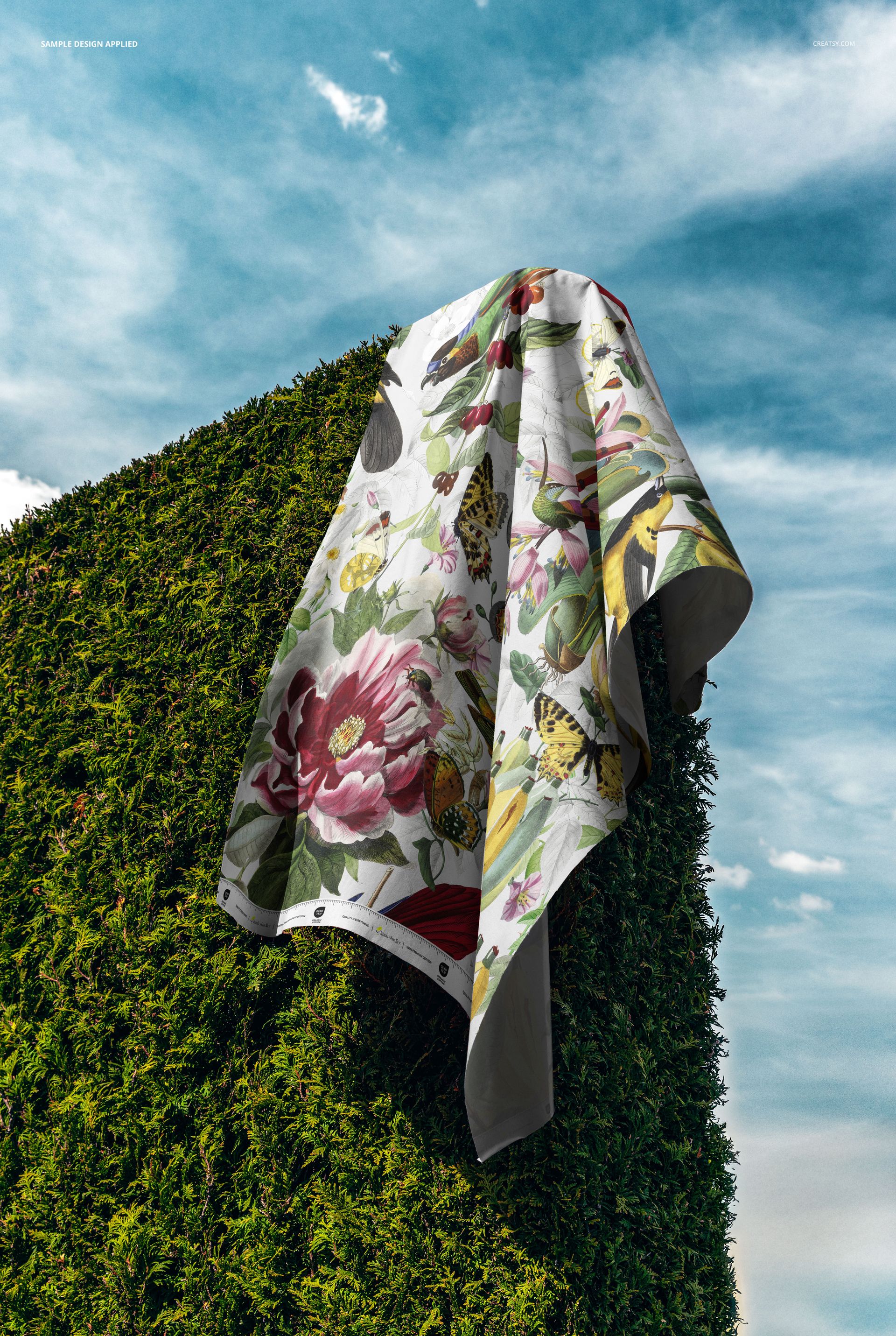Fabric Mockup Draped on Garden Hedge Against Blue Sky - mockup screenshot 3