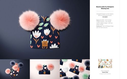 PSD mockup of a children’s beanie with fluffy pink pompoms and a navy blue base decorated with white and pink flowers.