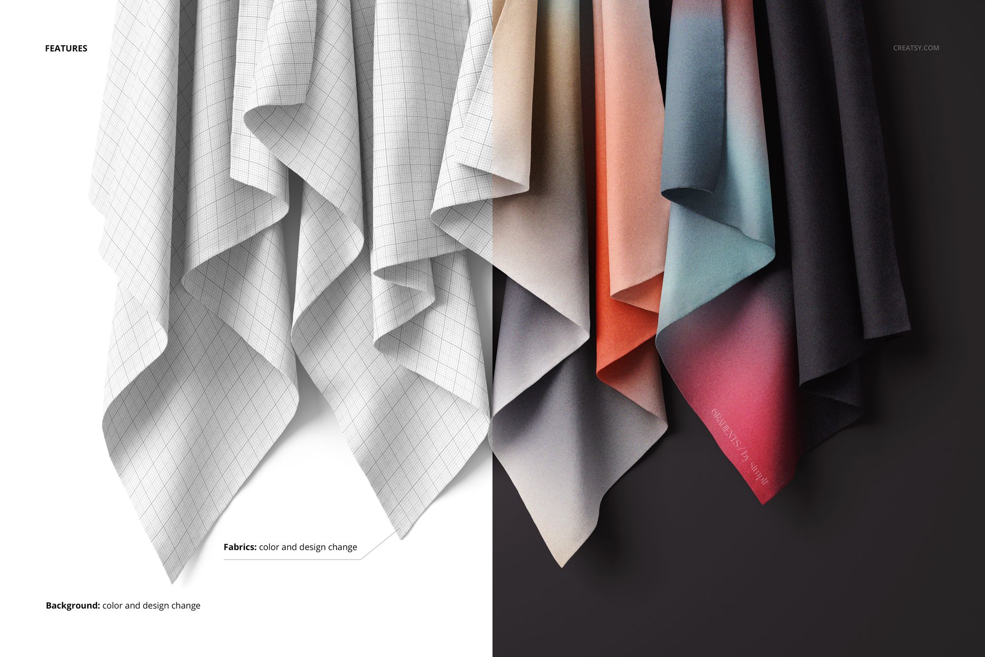 Hanging fabrics mockup with varied textures, displaying grayscale grid and multicolored gradient patterns side by side.