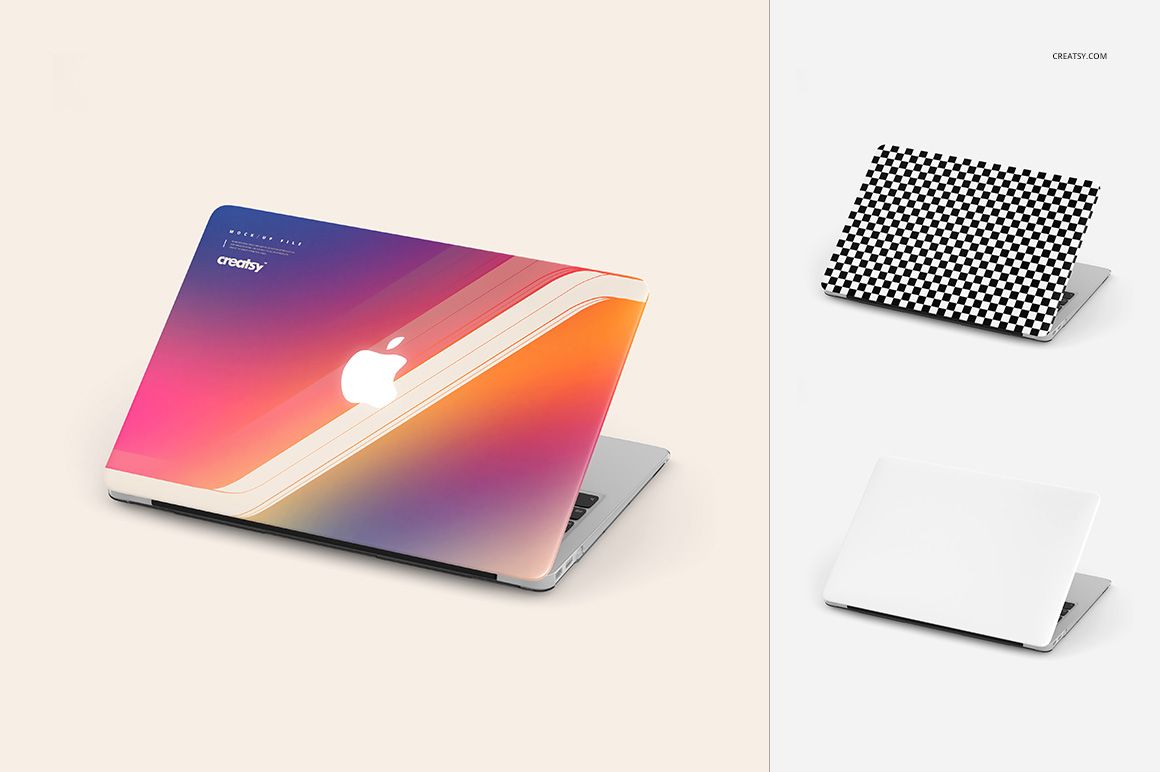 Macbook case mockup set showing three laptops with different case designs, viewed from a top angle on neutral backgrounds.