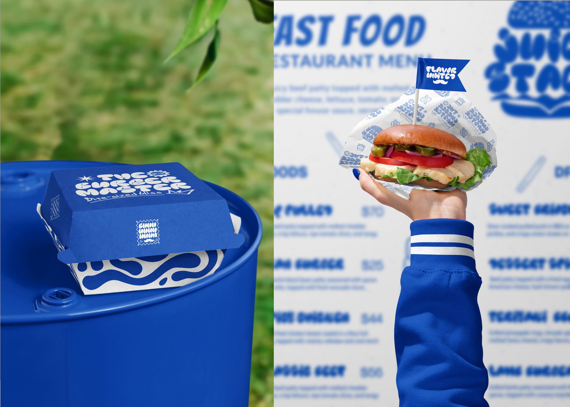 Blue and white burger box mockup and a hand presenting a vegan burger in branded wrap, outdoor setting.