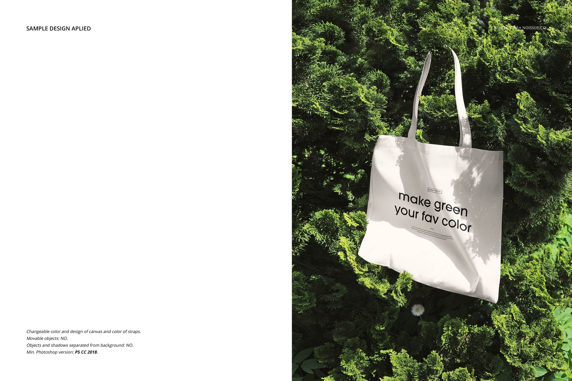 White tote bag mockup with black text, displayed outdoors on lush green foliage, front view in natural light.