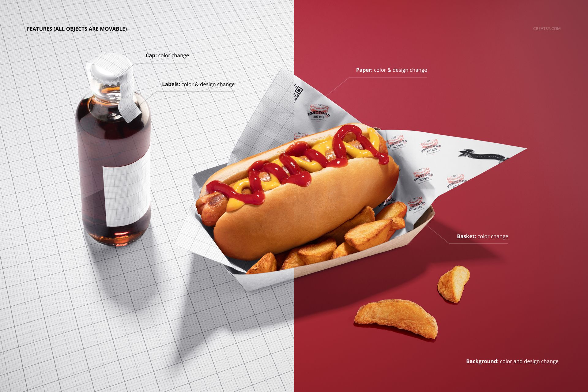 Hot dog with ketchup and mustard in a paper food wrapper, served in a basket with potato wedges, shown in a PSD mockup scene.