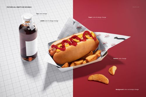 Hot dog with ketchup and mustard in a paper food wrapper, served in a basket with potato wedges, shown in a PSD mockup scene.
