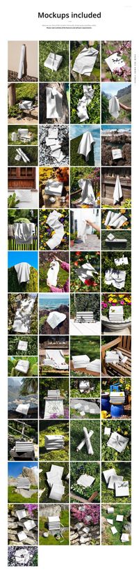 Outdoor fabric mockups displayed in various natural settings, showing white textile pieces on grass, rocks, and wood.