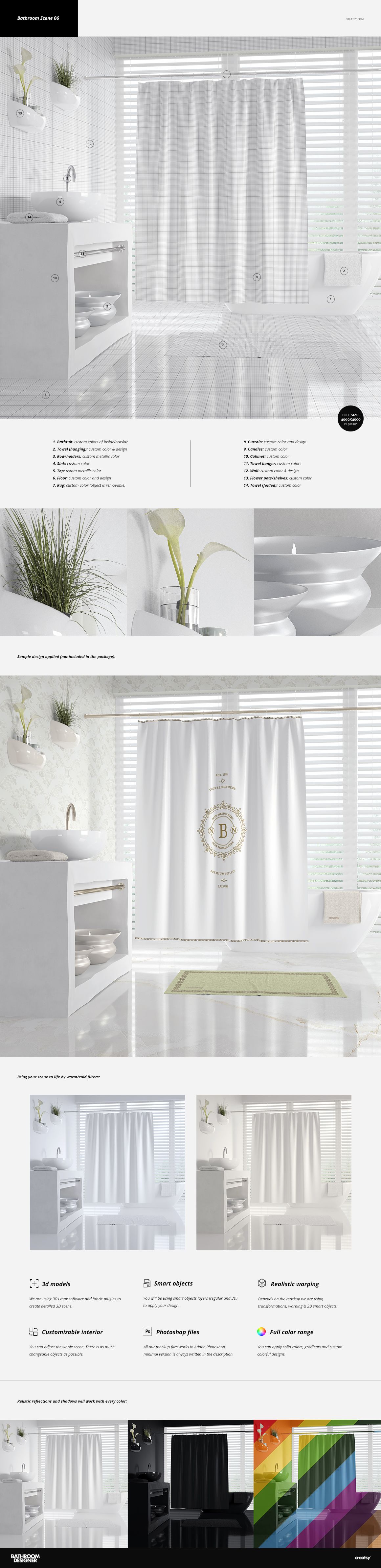 Bathroom mockup scene featuring a white shower curtain, marble sink, and bright window with blinds in front view.
