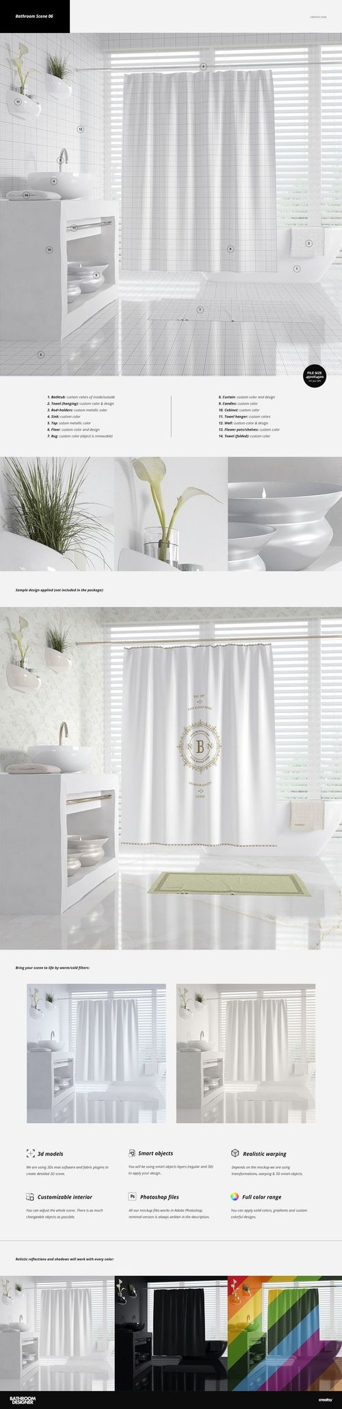 Bathroom mockup scene featuring a white shower curtain, marble sink, and bright window with blinds in front view.