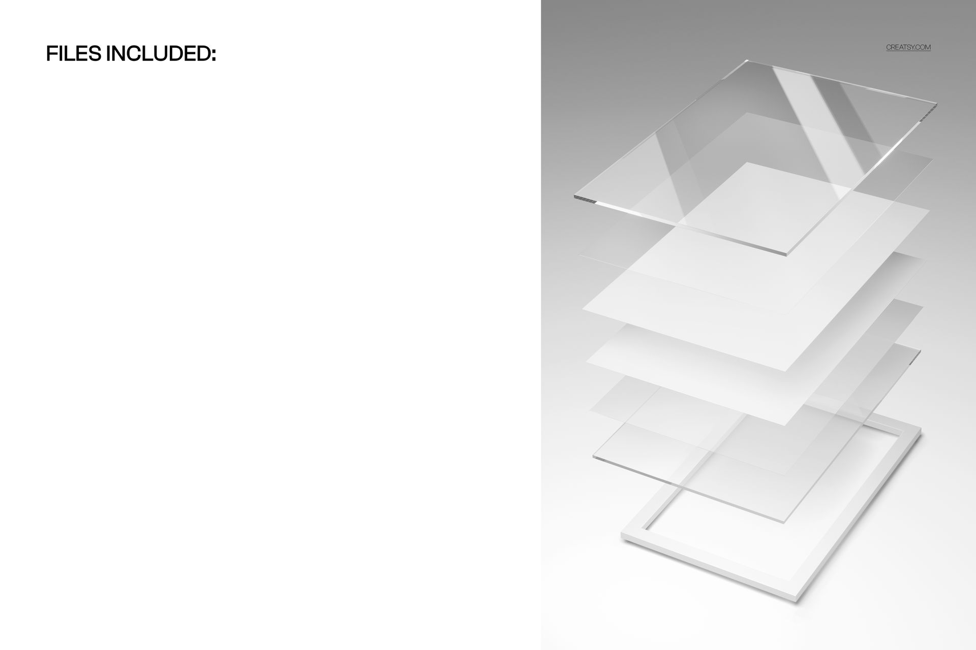 Exploded view of a glossy acrylic print mockup showing layered transparent and white sheets on a light background.