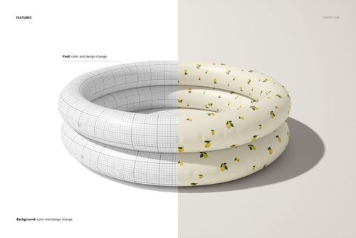 Inflatable children's pool mockup shown in a split view, featuring a grid pattern on one side and a lemon print on the other.