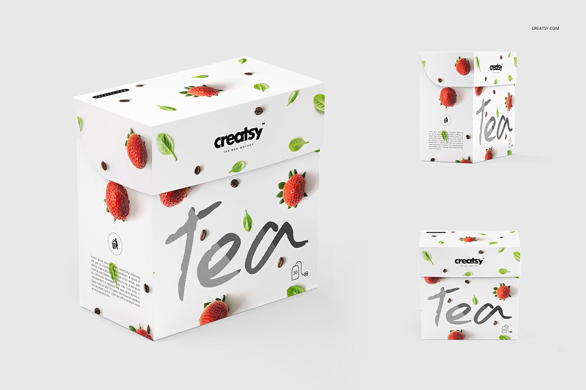 Front and angled views of a tea box mockup with white background, strawberry and leaf pattern, and large gray text.