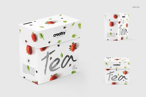 Front and angled views of a tea box mockup with white background, strawberry and leaf pattern, and large gray text.