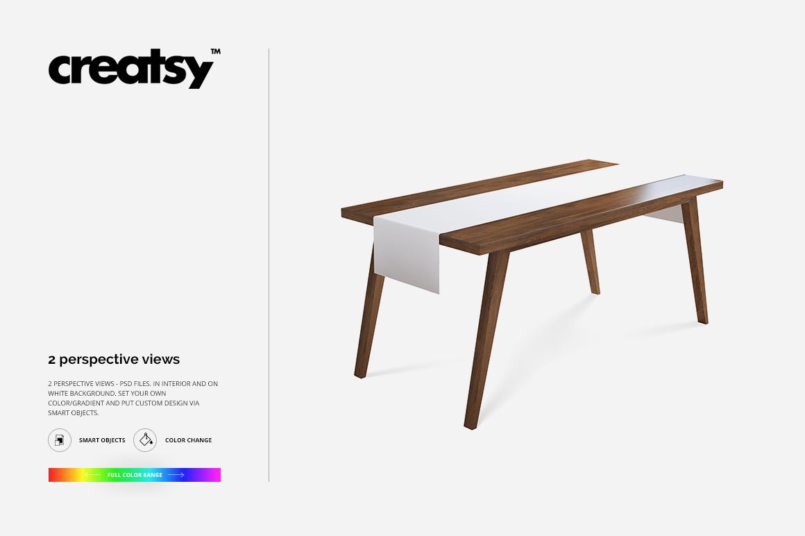 Table runner mockup featuring a simple white fabric draped over a modern wooden table, shown on a plain background.