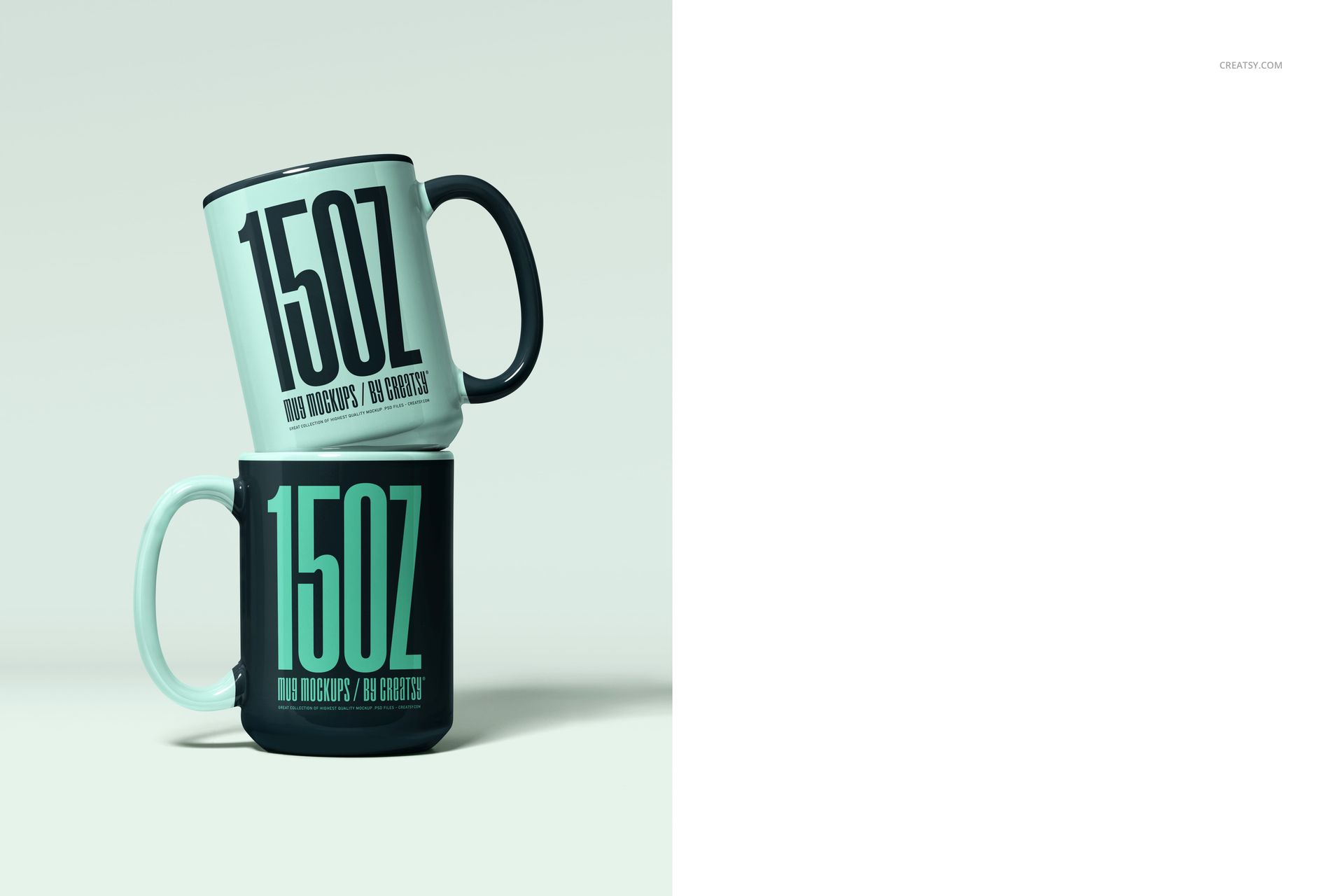 Stacked mugs mockup showing a light green mug on top of a dark green mug, each with large text and black handles.