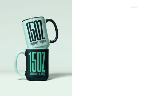 Stacked mugs mockup showing a light green mug on top of a dark green mug, each with large text and black handles.